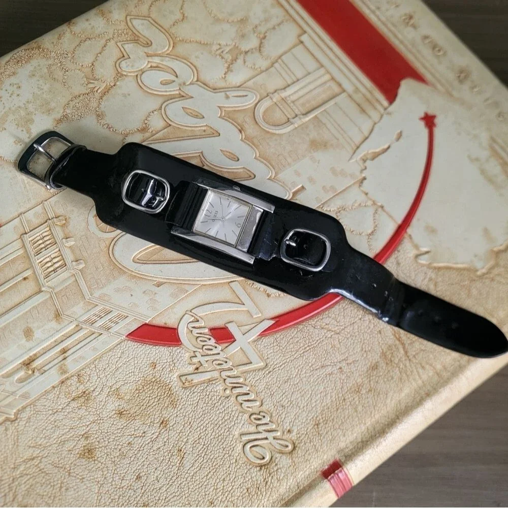 Vintage Guess Black Wide Double Buckle Black Silver Patent Leather Watch